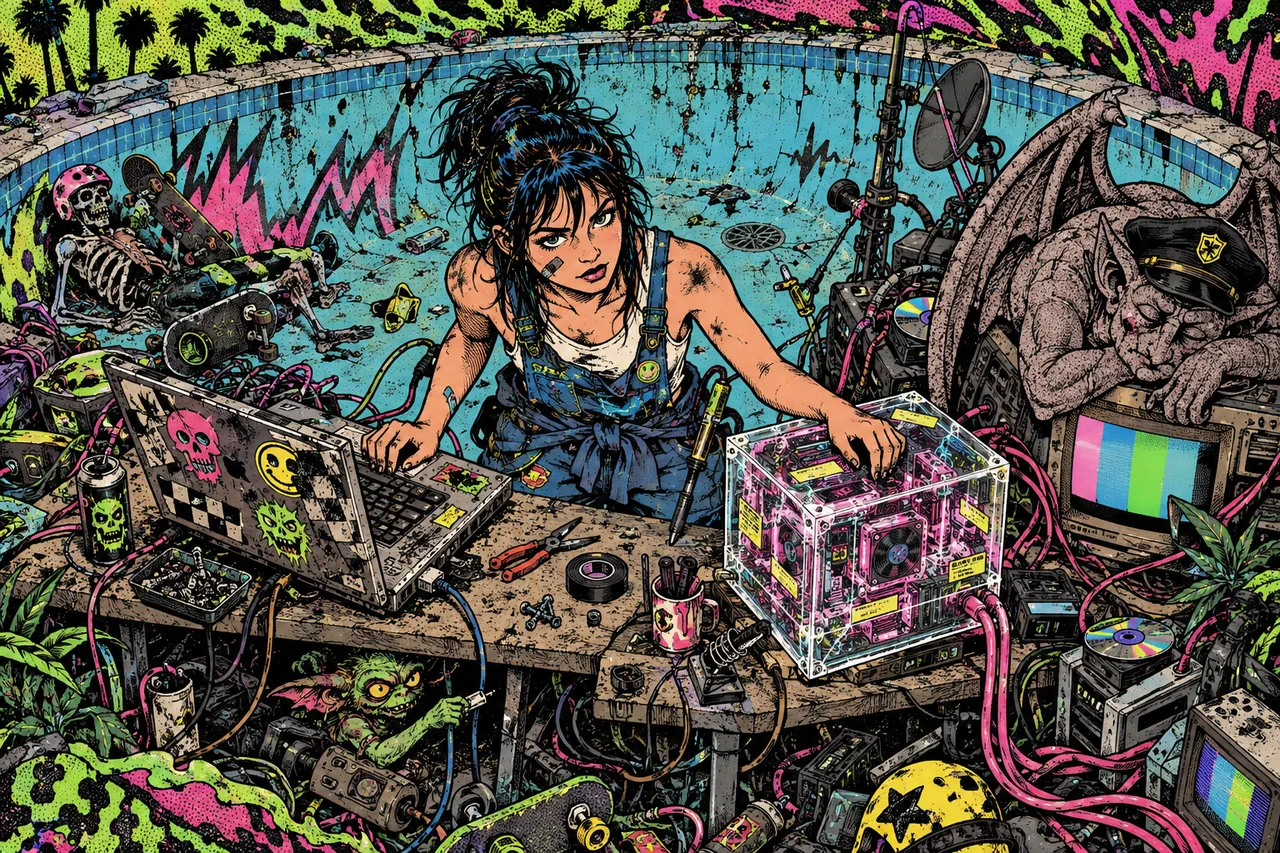 Two laptops, one scarred and stickered, one a sealed crystal cube, a gremlin pulling a cable under the bench