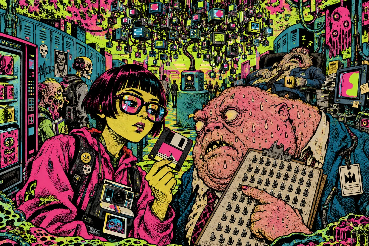 One root machine feeding a tree of hundreds of lit machines while a manager creature holds a clipboard of switches