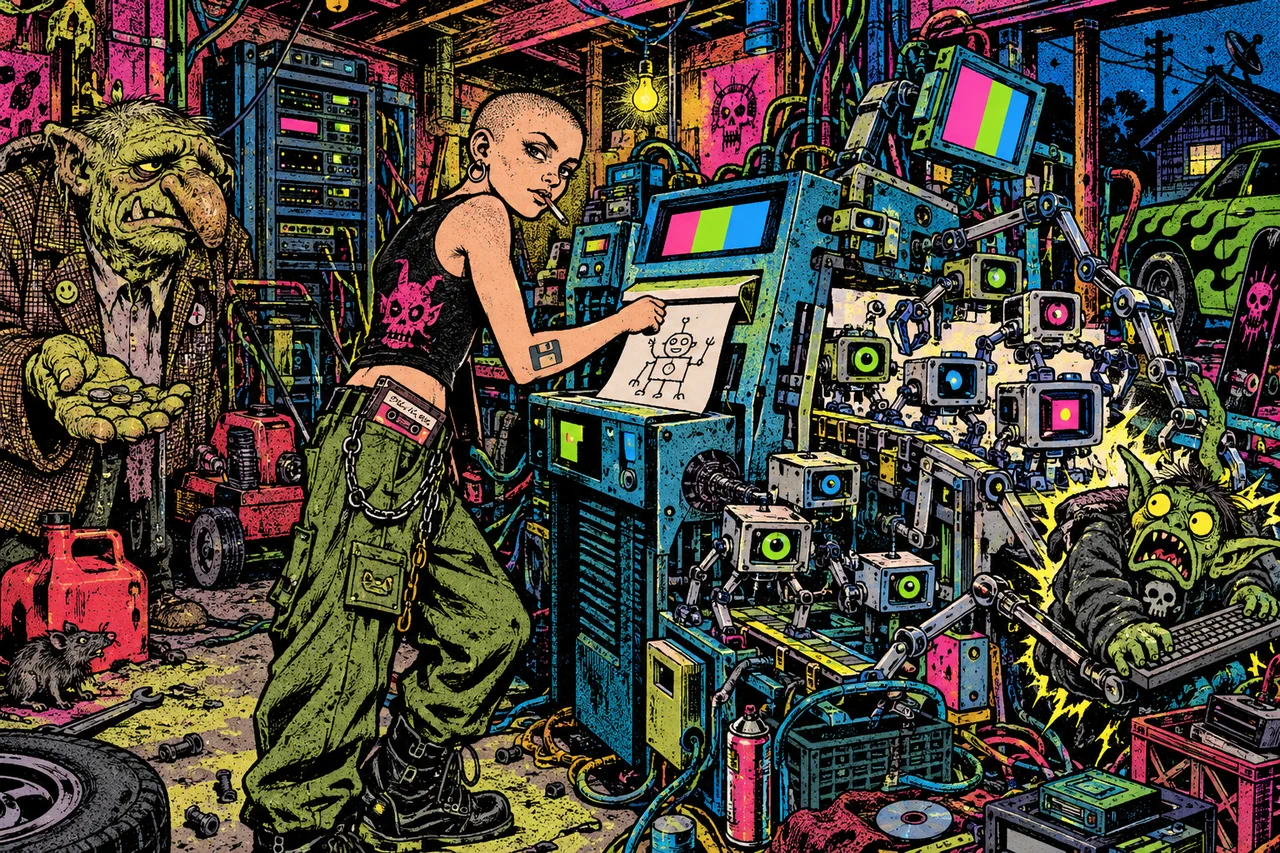 A sheet pushed into a machine rearranges a cluster of small machines, a goblin's manual change snaps back