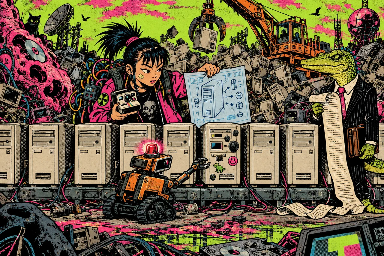 A row of identical machines, one grown extra knobs overnight, she holds the blueprint, a siren robot rolls in