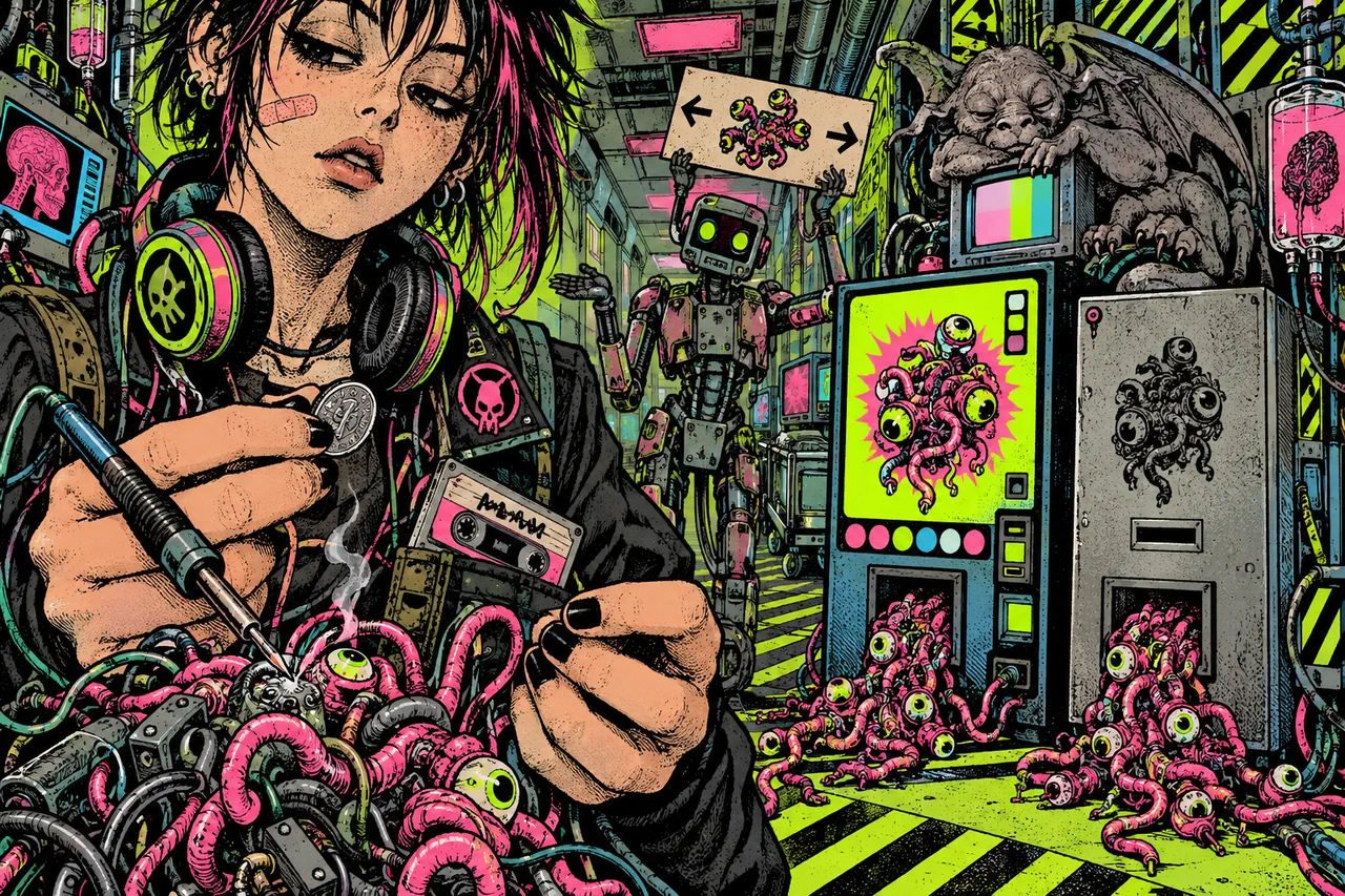Two vending machines that dispense the same cluster, one with a big screen, one a plain box, she holds a coin