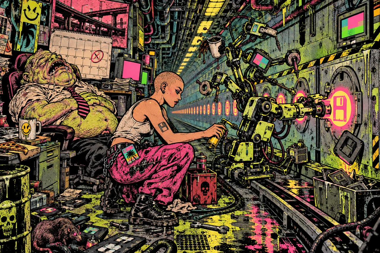 A robot arm swaps glowing seals along a corridor while a manager creature sleeps under a missed calendar date