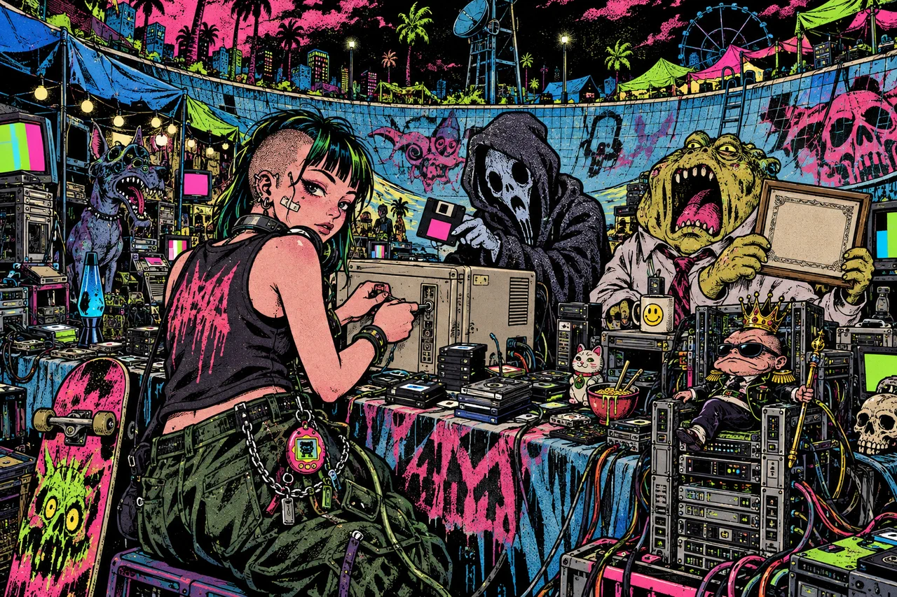 She picks a lock on a beige server with a hooded ghost passing hints on a floppy