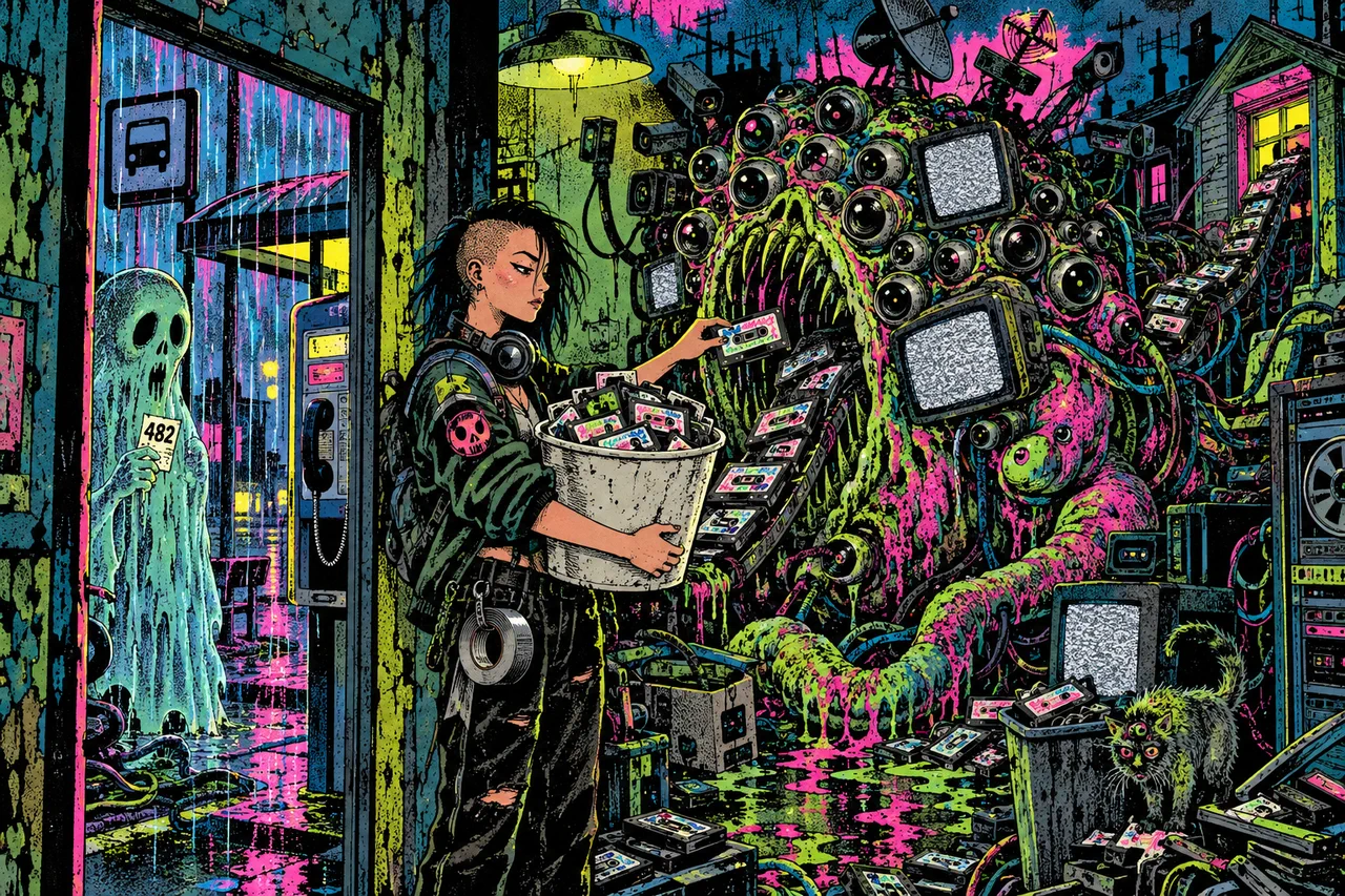 A hundred-eyed harvester creature swallows tapes while she feeds it fake ones and its screens turn to static