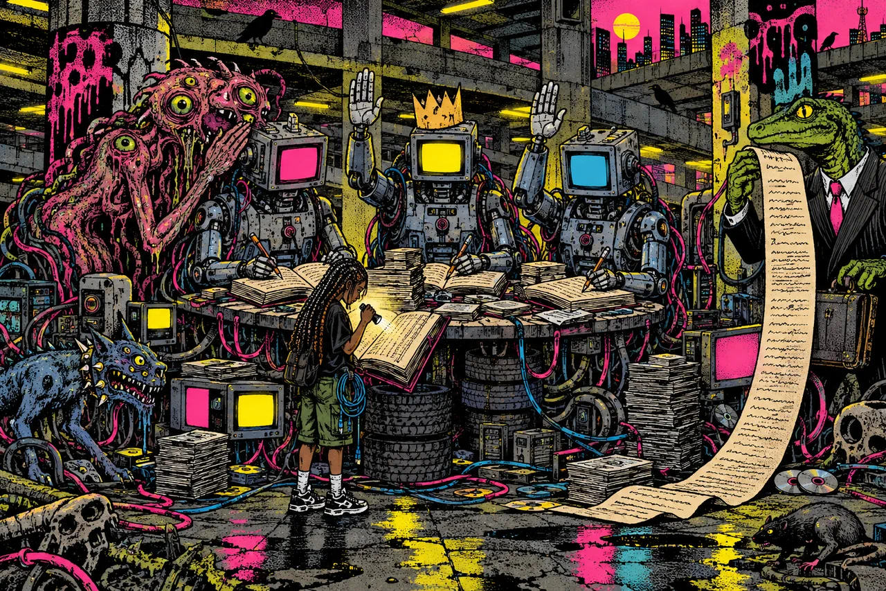 Three machines vote round a table, one crowned, a ledger they all copy, a creature whispers to one