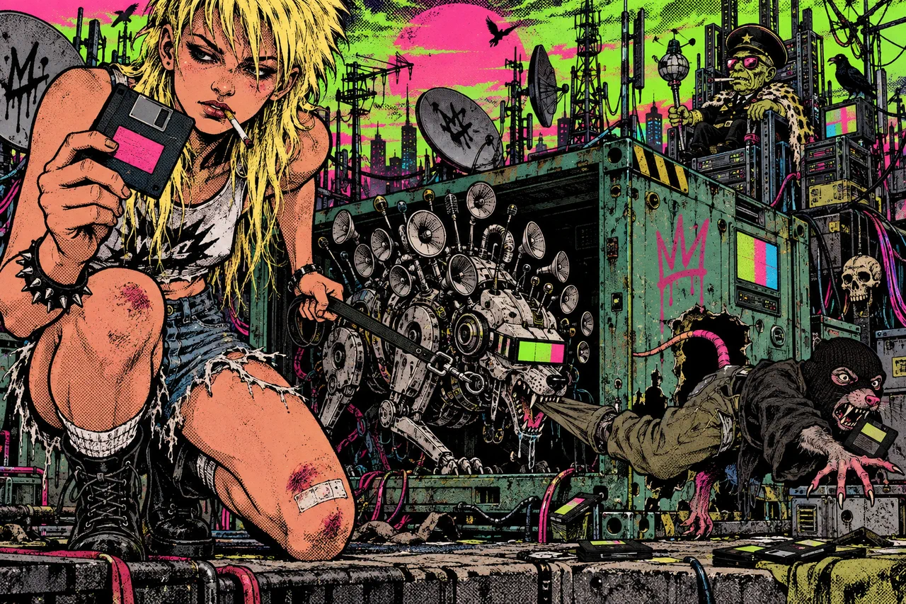 A hundred-eared watchdog robot catches a balaclava rat escaping a container crate while she holds the leash