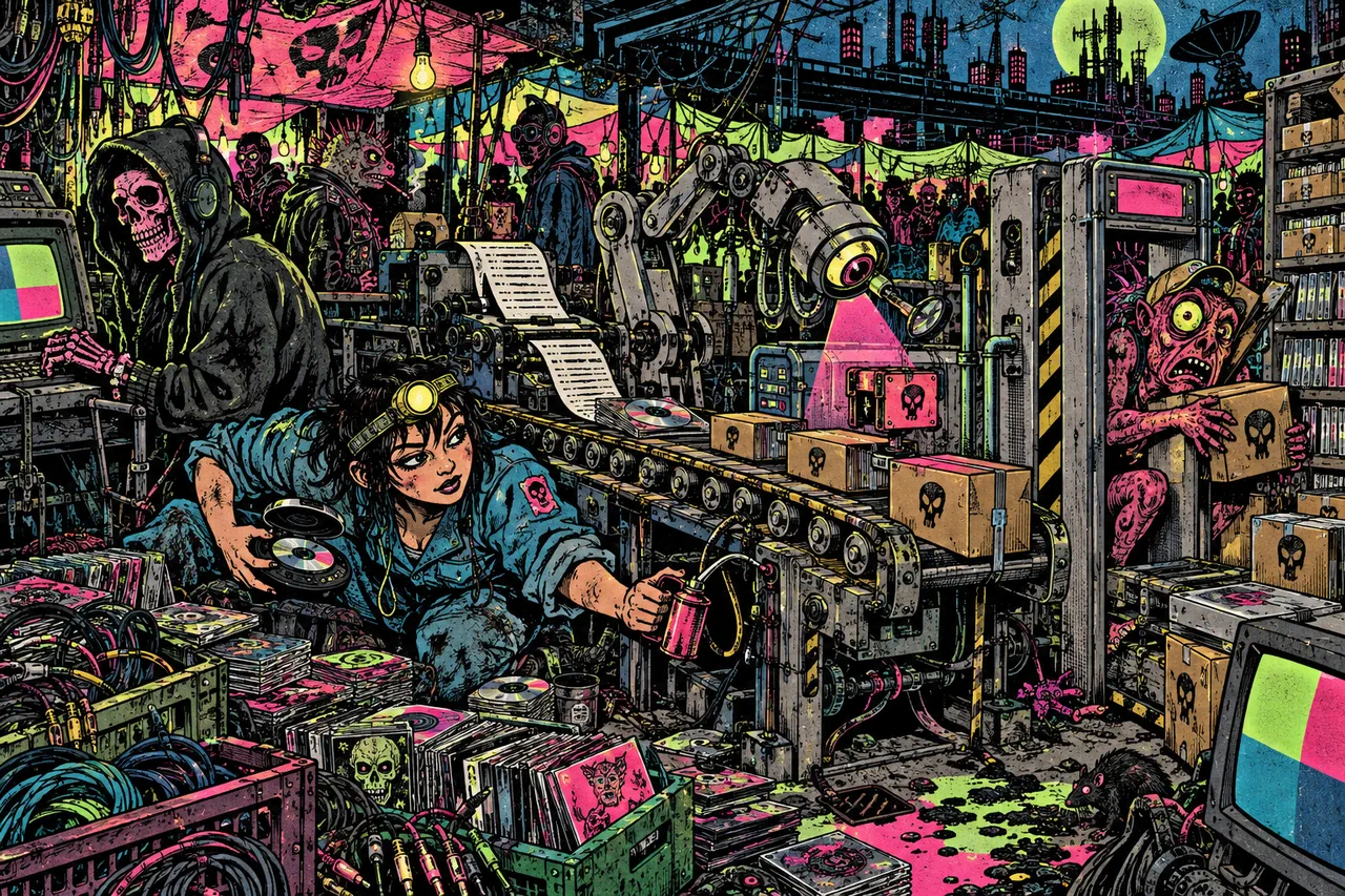A conveyor from typewriter to rack with a magnifying robot scanner, a creature carrying a box past it gets stuck