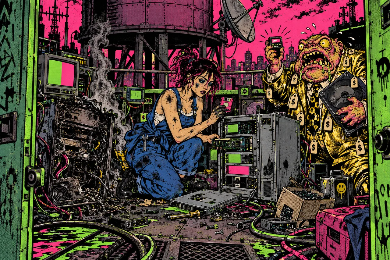 A burnt rack on the floor, she rebuilds a twin from one floppy, a suit creature waves an unreadable backup tape