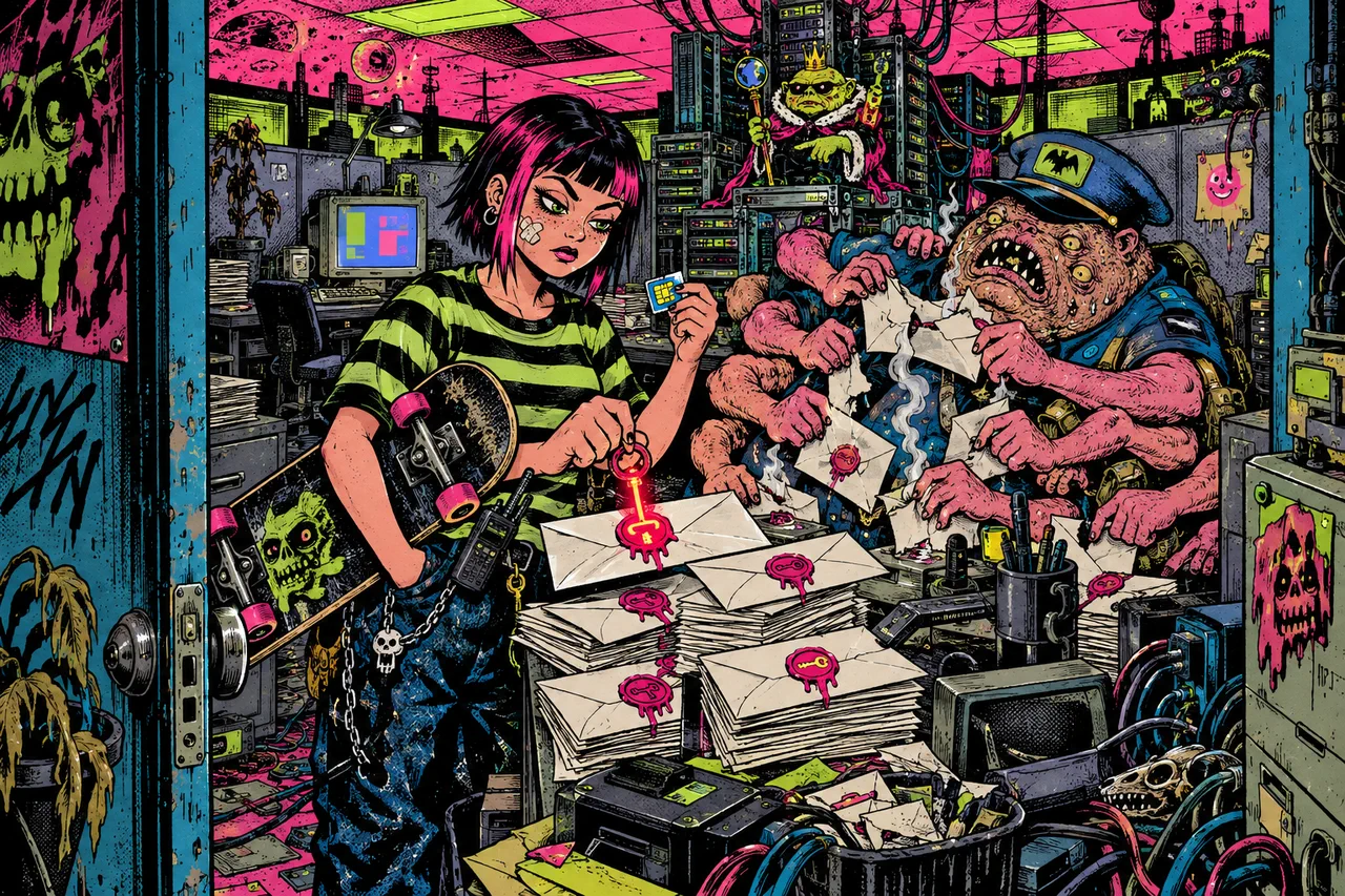 She seals a letter with a glowing key-shaped stamp while a hundred-handed postman creature fails to open it