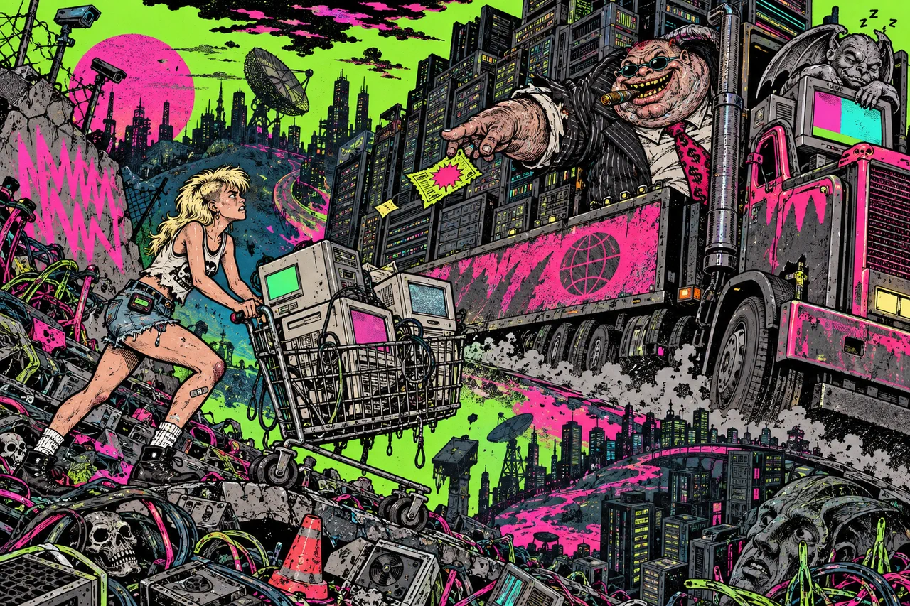 She pushes a trolley of three second-hand mini PCs uphill while a giant in a truck of servers tosses a coupon