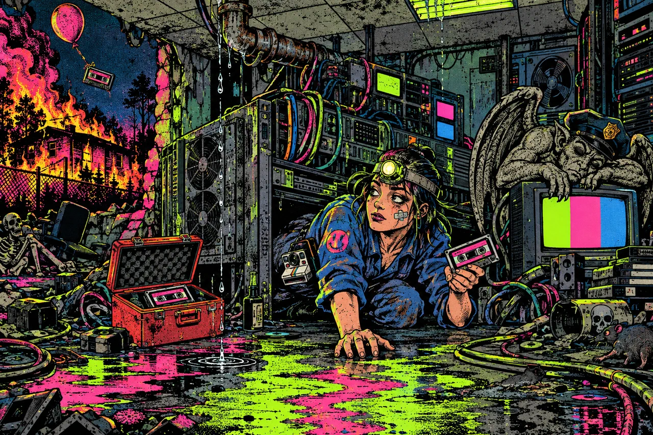 Three copies of one tape, in hand, in a fireproof box, under a balloon, while the house behind her burns