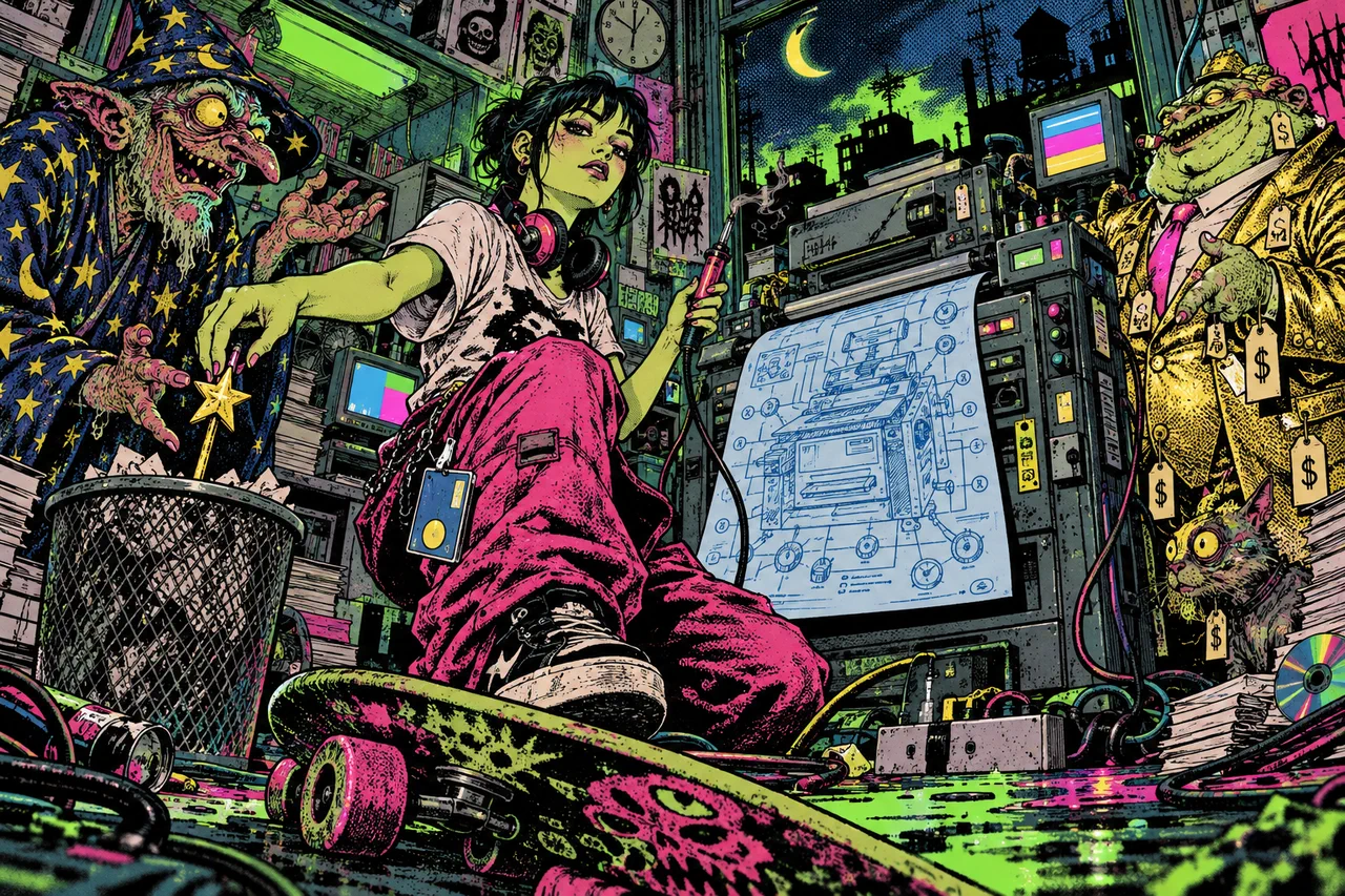 A machine wired to a blueprint that shows every knob, she bins a creature's magic wand