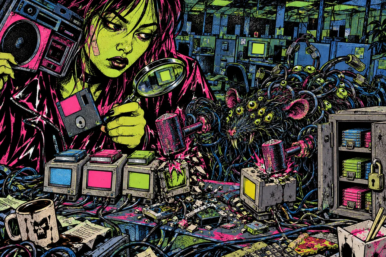 Two cluster models, ledgers inside the machines or in a separate cabinet, a creature drops a hammer on each