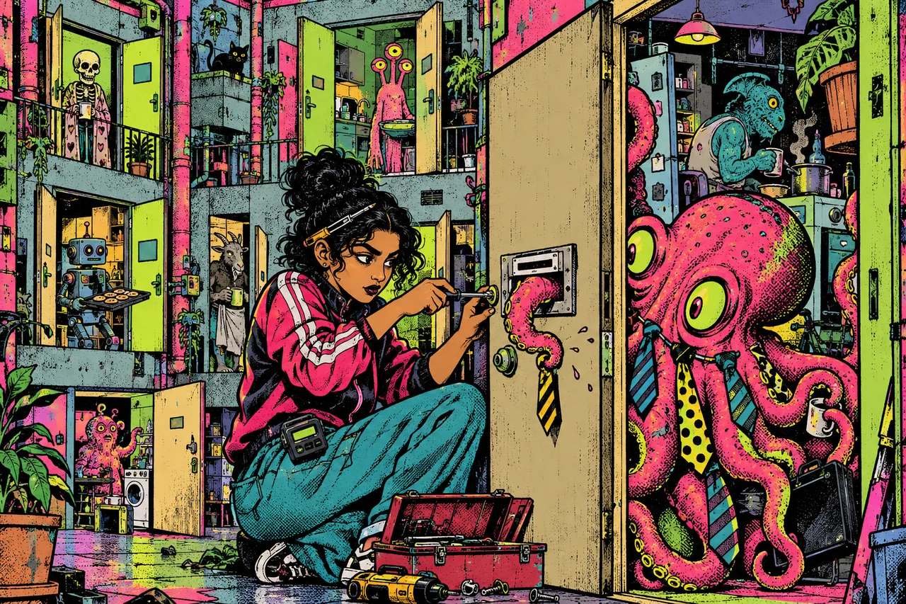 A block of flats with open doors, she fits each with a labelled letterbox, a tentacle stuck in the first