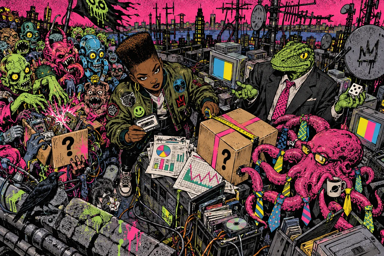 A crowd crushes a bursting box with a guessed number, she measures a second one with graphs, a suit holds a die
