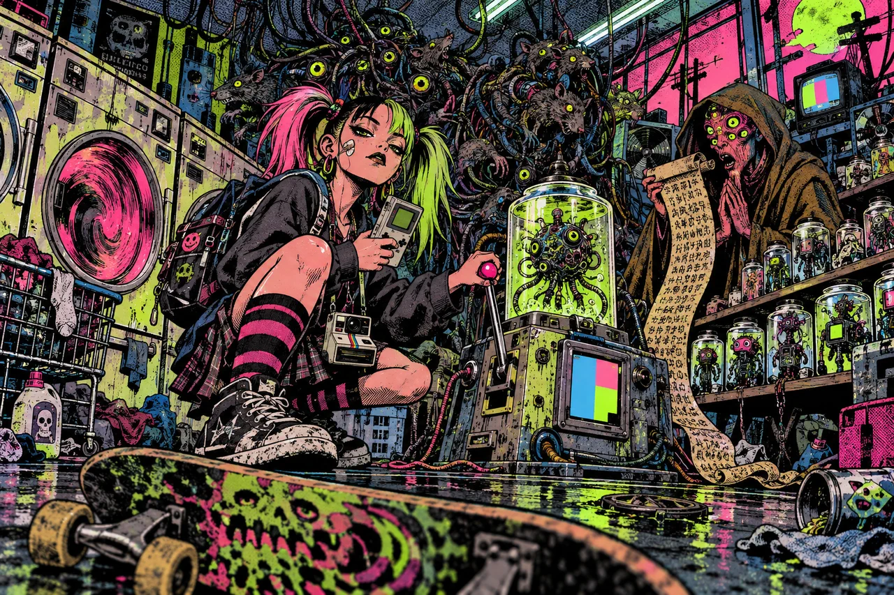 She spins up a machine in a jar with one lever while a monk creature chants a fifty-line scroll for one