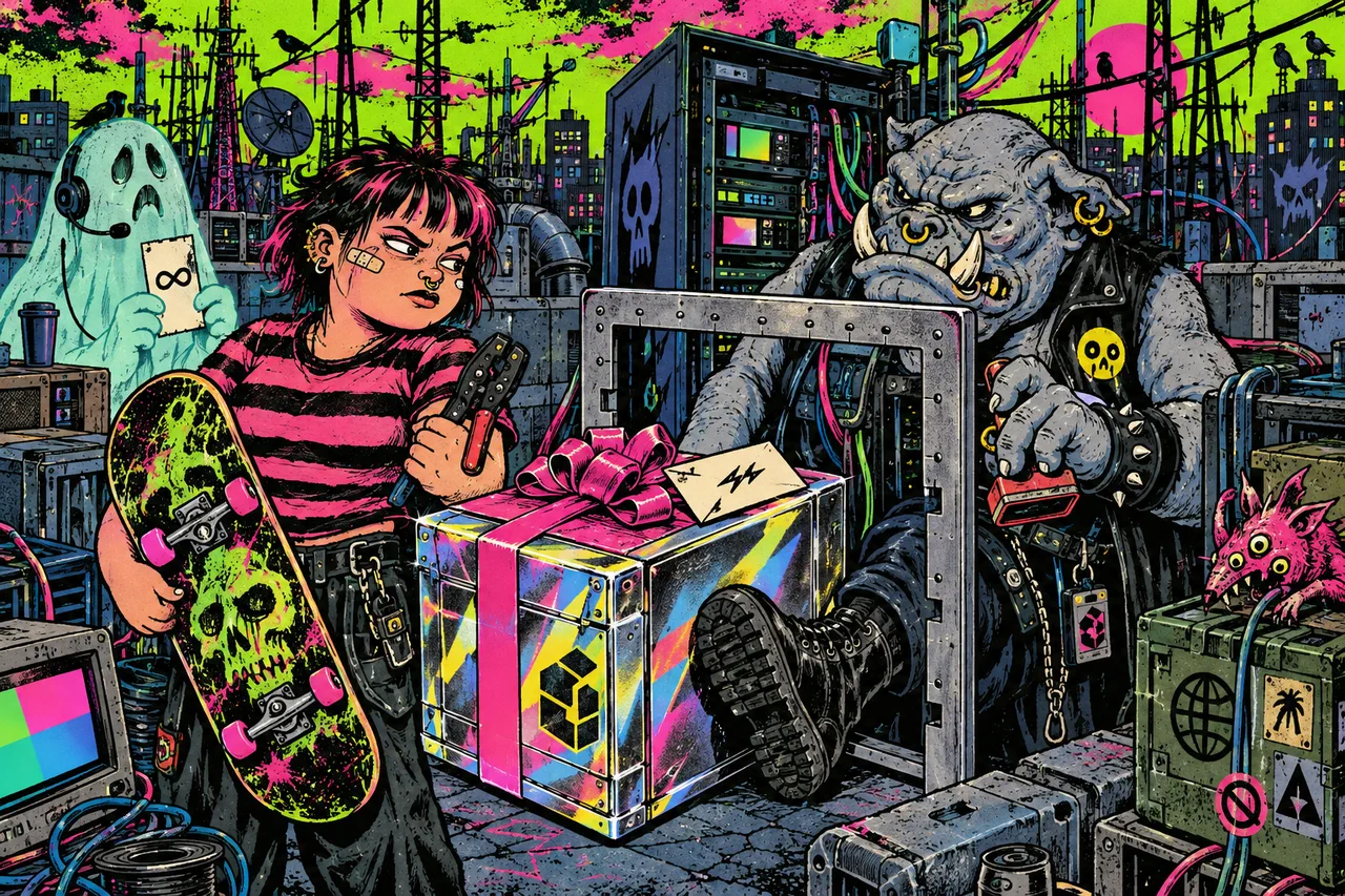 A bouncer ogre at a rack door kicks out a gift-wrapped crate with a bribe envelope that fails the gauge