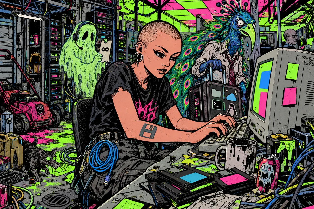 She works a stranger's plain terminal while a peacock creature drags a suitcase of dotfiles and cannot log in