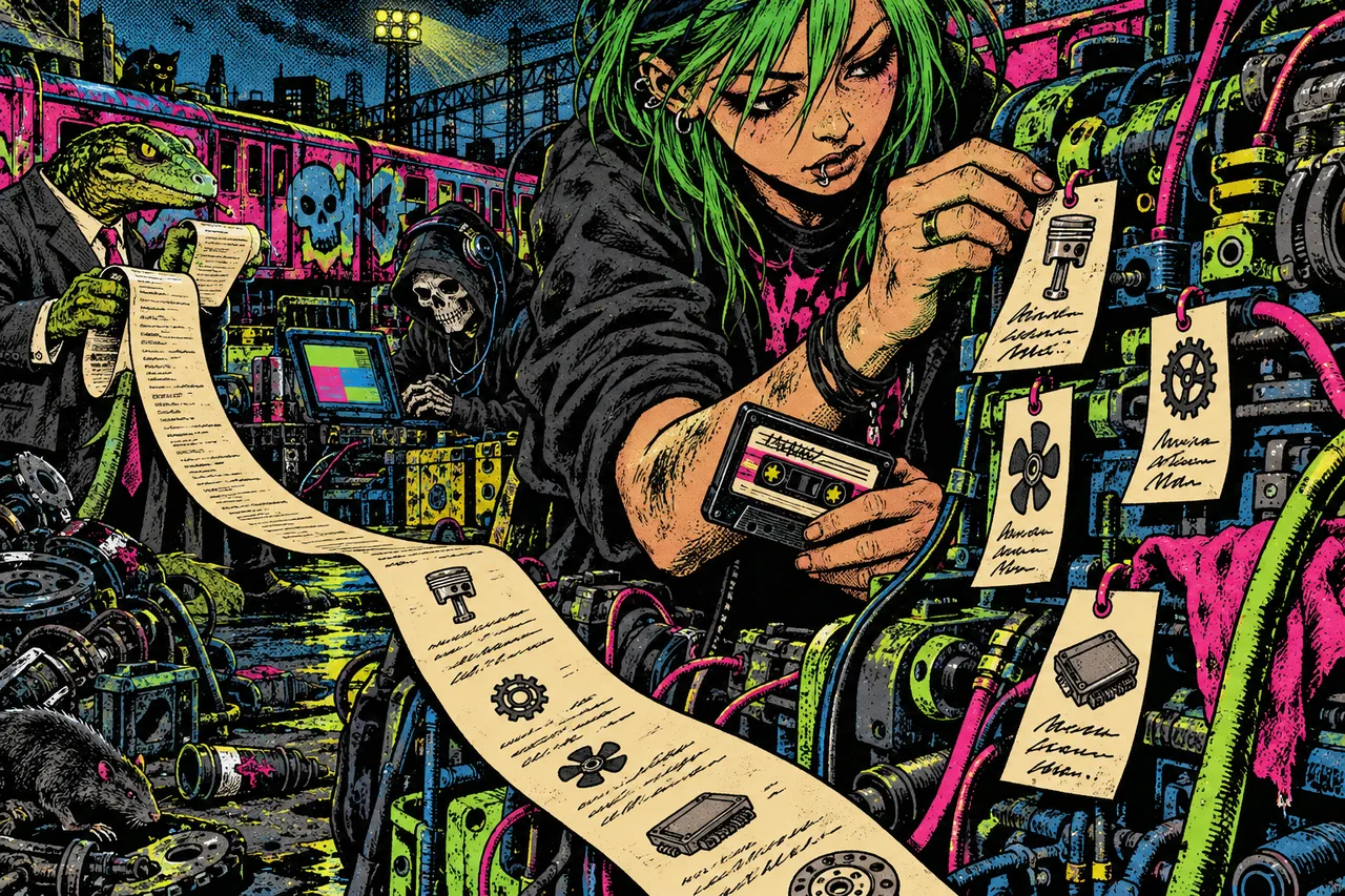 A lawyer lizard's scroll is pinned paragraph by paragraph onto machine parts with labelled tags
