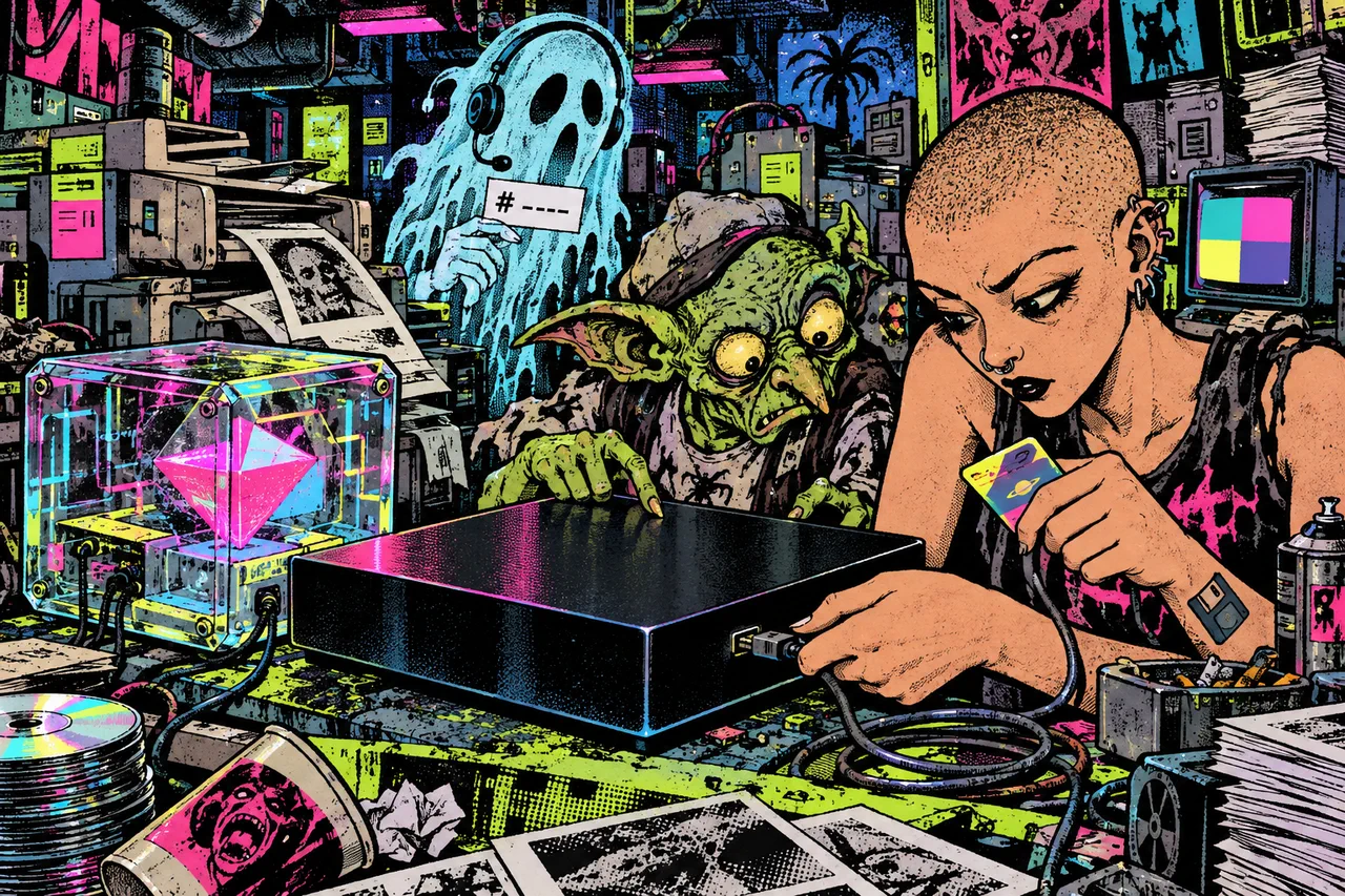 A crystal cube and a smooth black slab with one port, a goblin searching the slab for a keyboard socket