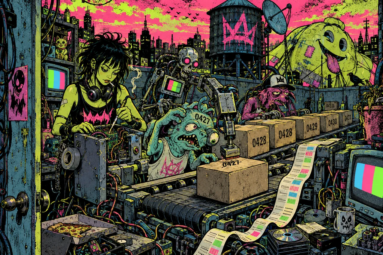 A conveyor stamps rising version numbers and prints a changelog, a creature gets stamped writing one by hand