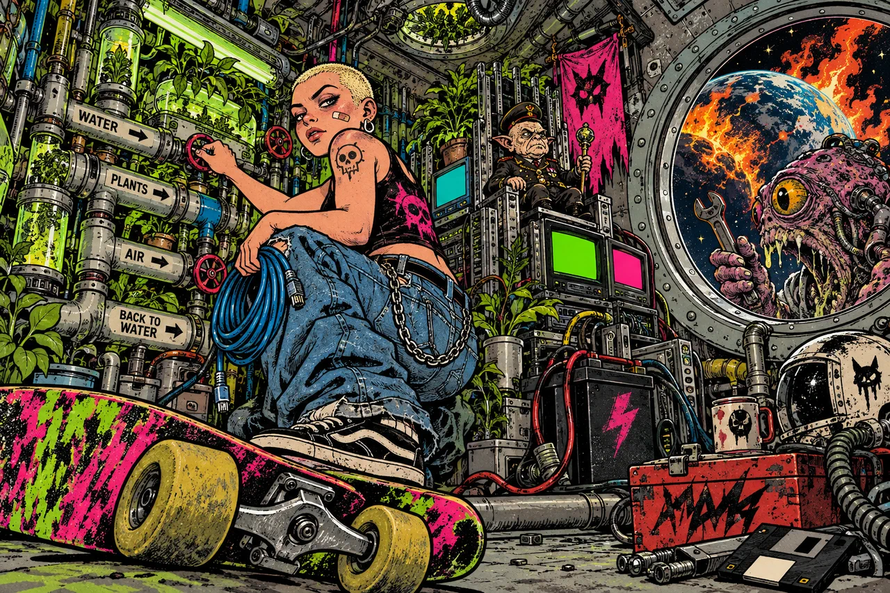 In a sealed spaceship she tends a labelled loop of water, plants and air while a planet burns outside