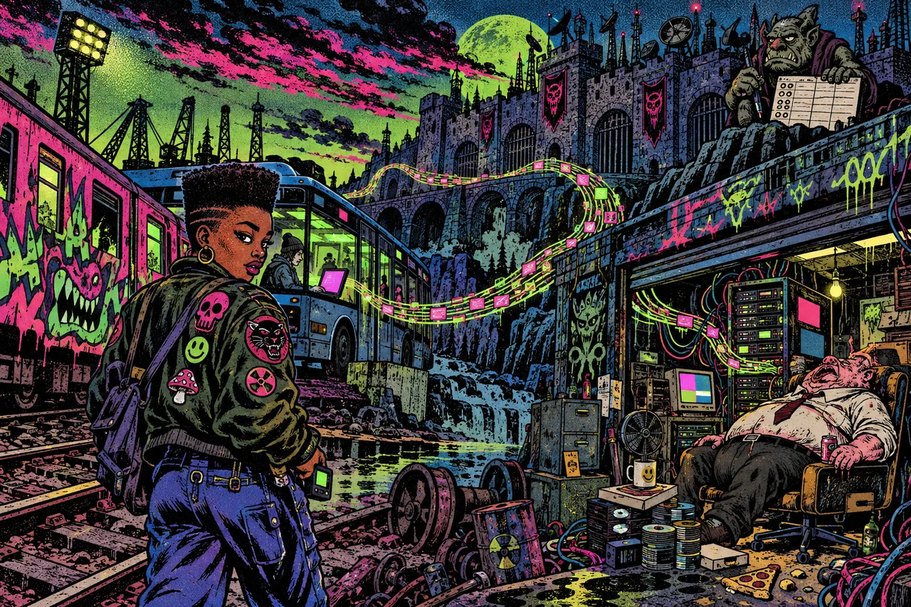 A glowing wire tunnel from her laptop on a bus into her rack, past a shut castle wall and a troll with an empty ledger