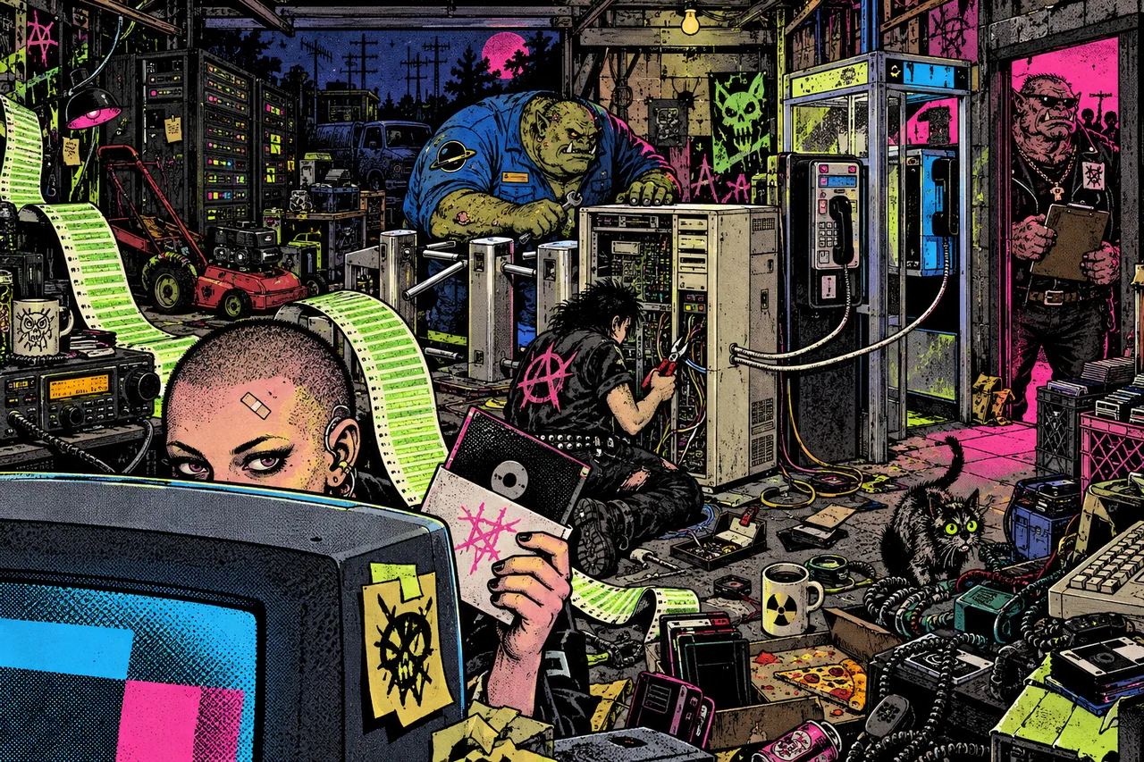 A hacker cuts a cable from an open server tower to a payphone while a green ogre bolts turnstiles around it