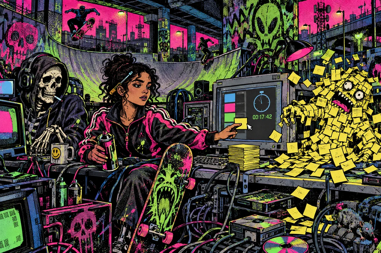 A terminal with task cards and a stopwatch, one keystroke moves a card, a sticky-note monster collapses on the desk