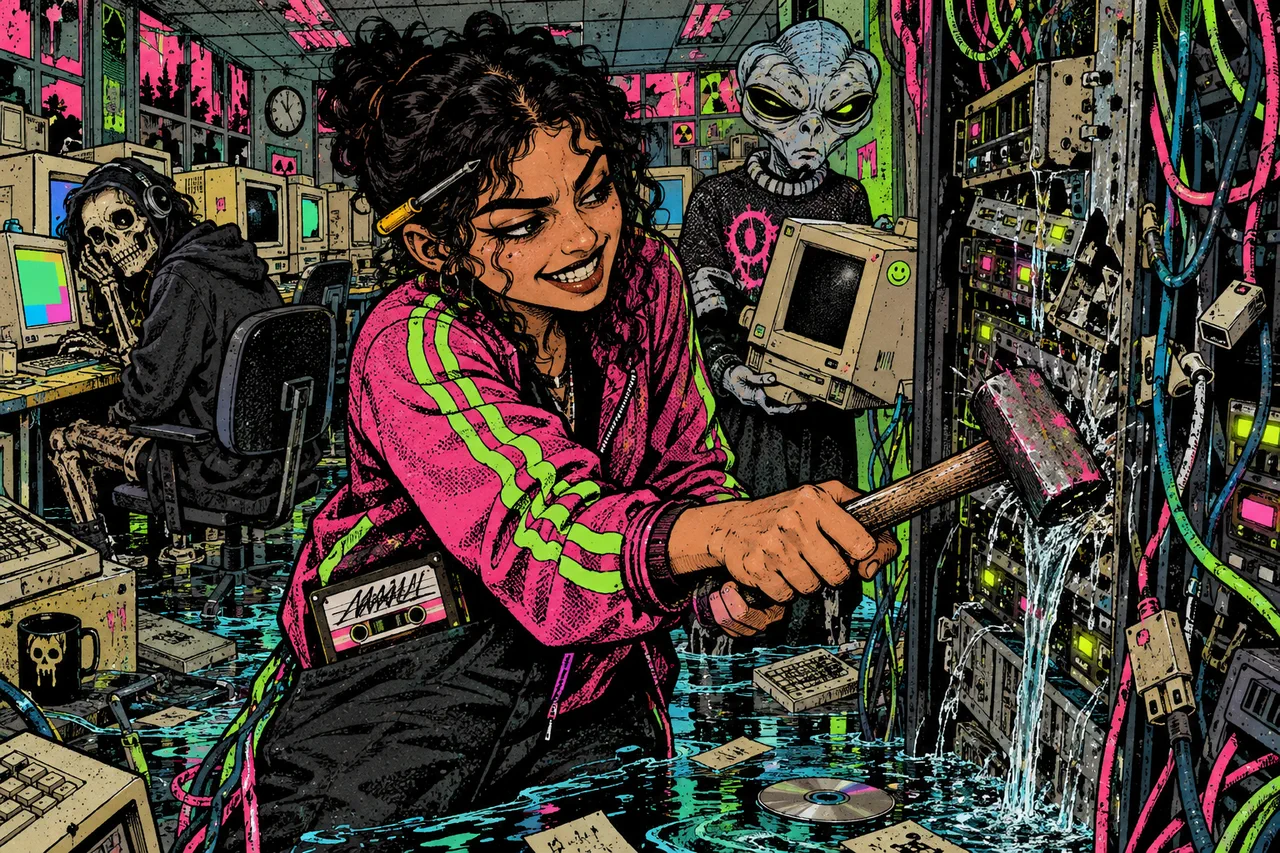 A rack hit, flooded and half unplugged with lights still on, she grins holding the hammer