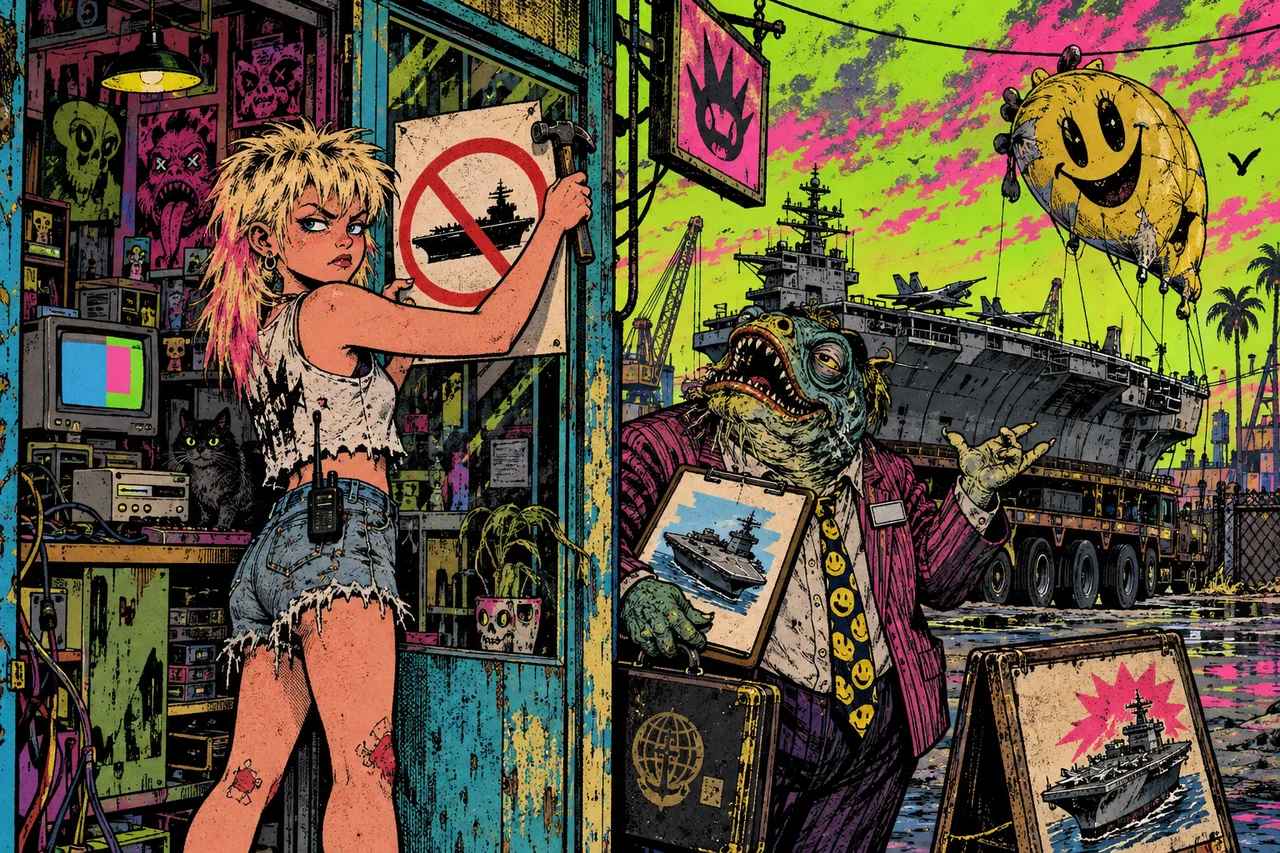 A small shop with one machine under the counter, a salesman creature selling an aircraft carrier outside