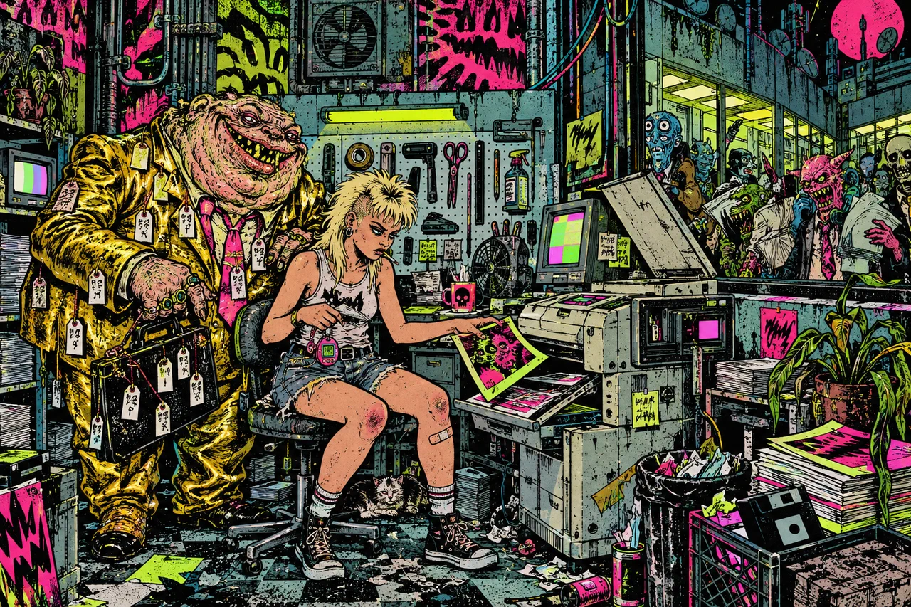 She works in a quiet booth with every tool outlined on the wall while creatures juggle phones in the corridor