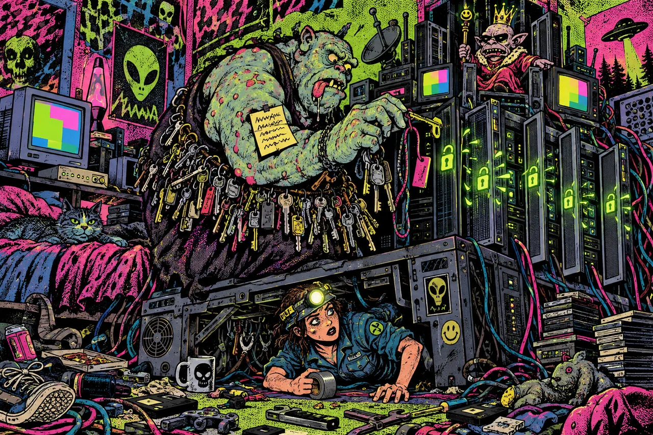 One small key on a lanyard opens every rack door while a creature with forty keys is still searching