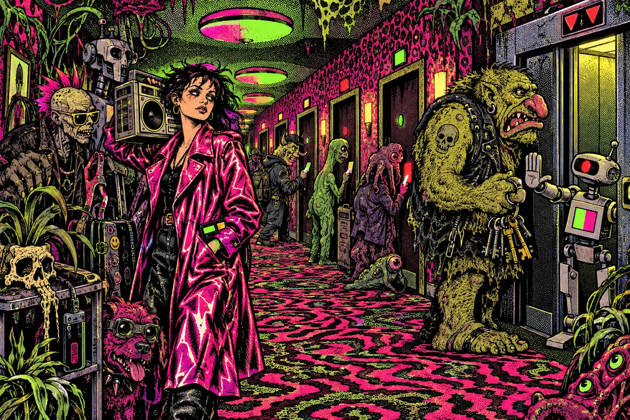 A hotel corridor of doors that check each key card, a troll with a master key refused at the lift by a robot