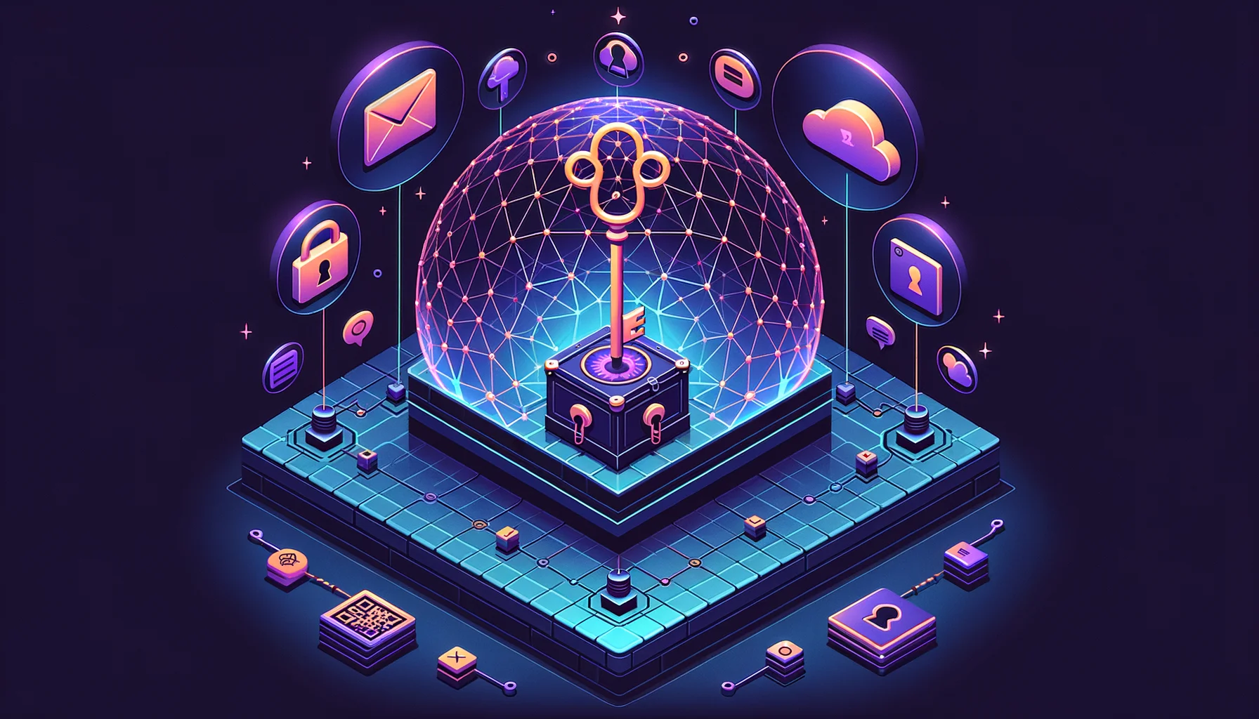 Isometric illustration of a central key with three identity branches shielded by a quantum barrier